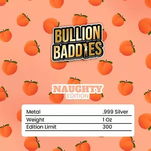 地金バッディーズ ピーチー ポーラ ノーティ エディション 1 オンス シルバー バー、COA 付き Bullion Baddies Peachy Paula Naughty Edition 1 oz Silver Bar with COA