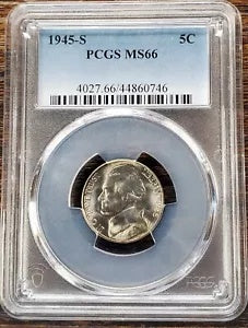#89 - 1945-S 5C ジェファーソン ニッケル PCGS MS66。 WW2 35% シルバー ニッケル #89 - 1945-S 5C Jefferson Nickel PCGS MS66. WW2 35% Silver Nickel